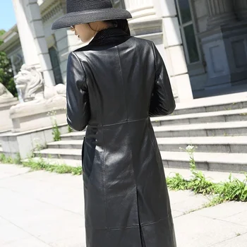  100 % hakiki deri ceket uzun kadın ceket streetwear tek yaka düğmesi kuzu derisi rüzgarlıklar moda siyah ceket