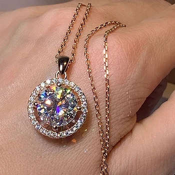  18 K Au750 Gül Altın Kolye Moissanite Diamonds Yuvarlak Zarif Düğün Nişan Yıldönümü Mevcut Trendy