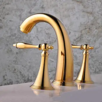  2 kolları lavabo havzası musluk sıcak ve soğuk, bakır üç delik lavabo havzası musluk altın, pirinç kolu banyo küvet musluk güverte