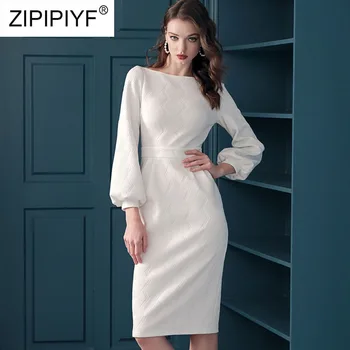  2019 Yeni Moda Elbise Kadın Diz Boyu Bodysuit A-Line Elbiseler Zarif Vestidos Uzun Kollu Beyaz Ofis Bayan Elbise K054