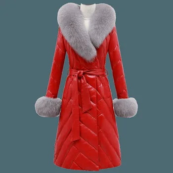  2020 Hakiki Deri Kış Ceket Gerçek Tilki Kürk Yaka Uzun Aşağı Ceketler Kadın Koyun Derisi Ceket MY4131