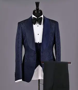  2020 Lacivert Jakarlı Özel Iş Resmi Erkek Takım Elbise 3 Parça Düğün Takımları Erkekler Için Groomsmen Damat Smokin En Iyi Adam Blazer