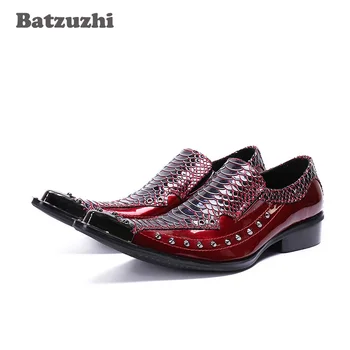 2020 Lüks Chaussures Hommes Hakiki deri ayakkabı Erkekler Sivri Metal Ayak Balık Terazi Perçinler Oxford Ayakkabı Erkekler için Kırmızı Düğün, 46