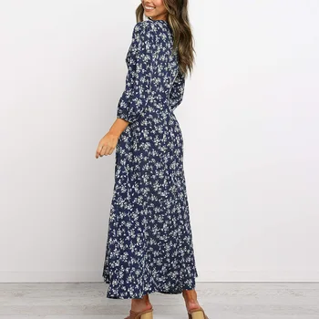  2020 V Boyun Seksi Kadınlar Uzun Elbiseler Çiçek Şifon Elbise Kadın Zarif Baskı Çiçek Vestidos Sundress Sonbahar Yaz Giysileri