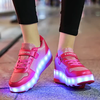  2021 Boyutu 28-40 USB Şarj Parlayan Rulo Sneakers için Çocuk Çocuk led ışık çift paten ayakkabı Paten Sneaker
