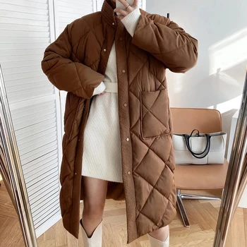  2021 Kış Argyle Pamuk Yastıklı Ceket Kadın Sıcak Diz Boyu Parkas Kore Kalın Uzun Ceket Ekmek Ceket Casaco Feminino