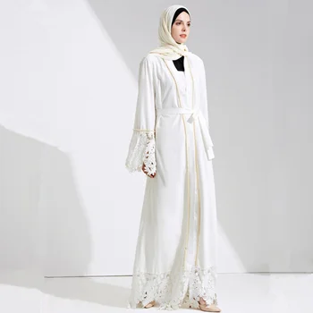  2021 Müslüman kadın Giyim Beyaz Dantel ve Inci Patchwork Dubai Hırka Elbise Orta Doğu Elbise ıle Kemer hint elbisesi Kadın