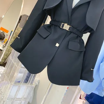  2021 Sonbahar Kış Klasik Askeri Üniforma Dantel-up Bel Takım Elbise Ceket kadın Orta Uzunlukta İngiliz Tarzı Siyah Kadın Blazer Ceket