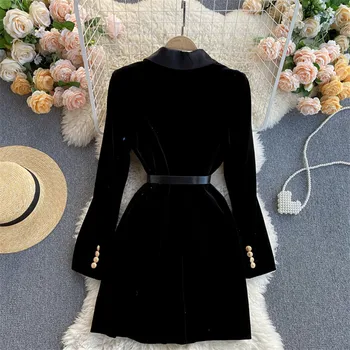  2021 Sonbahar Kış Moda Büyük Boy Vintage Kadınlar Altın Kadife Blazer resmi takım elbiseler Gevşek Lady Midi-uzun Siyah Blazer Dış Giyim 1501