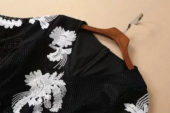  2021 Uzun Elbise Bahar Yaz DressV Boyun Kısa Kollu Nakış Siyah Örgü Moda Bayan Giyim