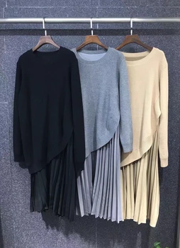  2021 yeni kadın moda yuvarlak boyun pilili hem dikiş örgü dekorasyon uzun kollu düz renk etek elbise 1130