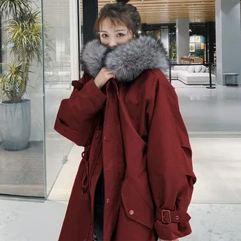  2021 Yeni Kış Aşağı Pamuk Palto Kadın Kürk Yaka Kapşonlu Moda Gevşek Palto Orta Uzunlukta Katı Ceket Casual Sıcak Parkas
