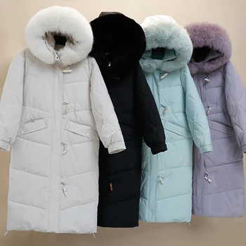  2021 yeni uzun kış ceket kadın sıcaklık ve kalın aşağı pamuk büyük kürk yaka parka ceket kadın Kore rahat gevşek ceket