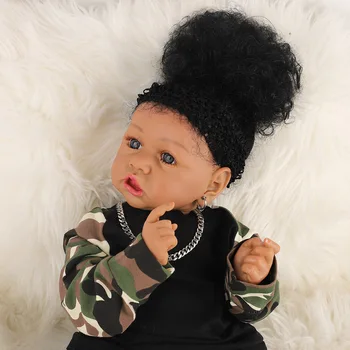  22 inç Hip Hop Kaya Bebek Kız Siyah Afrika Amerikan Saskia Reborn Yürümeye Başlayan Bebek Tam Vinil Vücut Bebe Menina Çocuklar Oyun Arkadaşı Hediyeler