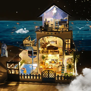  3D Araya Ahşap Minyatür DollHouse Mavi Ege Denizi ve Mobilya Kiti Fantezi Bulmaca Romantik Hediye Yaş 7+