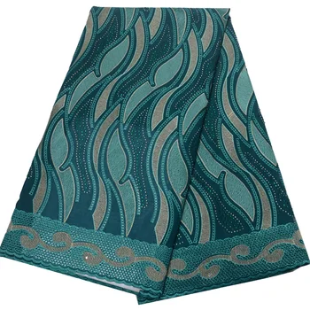  (5 yards / pc) yüksek kalite teal yeşil Afrika pamuk dantel kumaş rhinestones sabit Swiss vual dantel parti elbise için CLP337