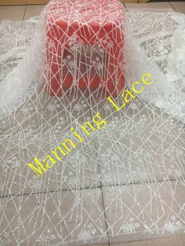  5 yards Temizle beyaz renk örgü lüks el baskı sparkle yapıştırılmış glitter afrika tül mesh dantel testere için/parti