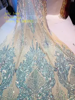  5 yards / çanta Gökyüzü mavi pullu nakış klasik avrupa tarzı kumaş elbise düğün elbisesi festivali elbise tasarımı için kullanılan JC79#