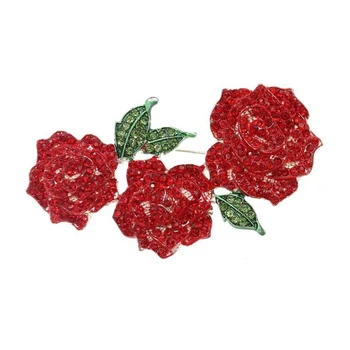  50 adet / 75mm Özel Üç Zarif Kırmızı Kristal Gül Çiçek Broş Pin Gümüş Ton Bitki Yaka Iğneler sevgililer Günü İçin hediye