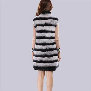  80 cm Chinchilla Renk Gerçek Kürk Yelek kadın Kış Ceket Standı Yaka Uzun Jile Doğal Rex Tavşan Kürk Palto