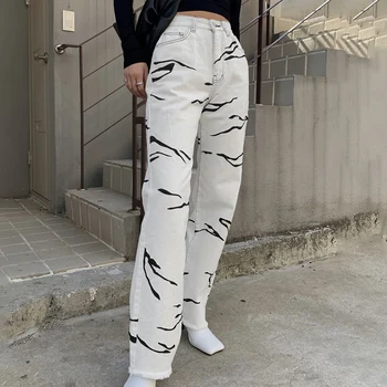  90 s Y2K Geniş Bacak Anne Kot Kadın Beyaz Zebra Desen Pantolon 2021 Vintage Düz Pantolon Rahat Streetwear Boyfriend Denim Kot