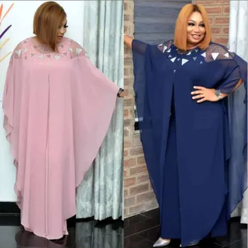  Afrika Elbise Şifon Gevşek 2 adet Diamonds Lüks Dashiki Batwing Kollu Arap Jilbab Ön Yarık Müslüman Çarşafımın Kadınlar Maxi Robe elbise