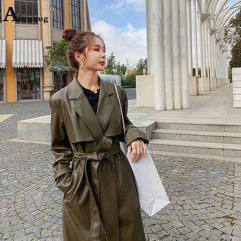  Açık Dikiş Kadın Moda Pu Deri Ceket Uzun Palto Kış Tunik Giyim 2021 Kadın Bel Sashes Faux Deri Paltolar