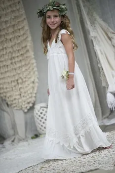  Backless Çiçek Kız Elbise Düğün İçin A-line V Yaka Cap Kollu Şifon Dantel Uzun İlk Communion Elbise Küçük Kız
