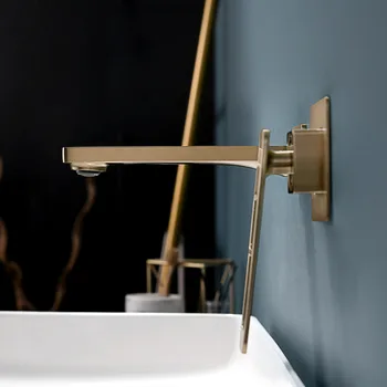  Banyo fırça altın lavabo musluğu duvar tarzı banyo musluk duvar inşa tek kolu havzası dokunun sıcak ve soğuk banyo musluk
