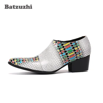  Batzuzhi Ayak Bileği Deri Çizmeler Sivri Burun 6.5 cm Yüksek Topuk erkek Deri Elbise Ayakkabı Zip Renk Iş, Parti ve Düğün Chaussu