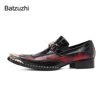  Batzuzhi erkek ayakkabıları Yeni El Yapımı Sivri Metal Ayak Deri Elbise Ayakkabı Erkekler üzerinde Kayma Resmi Iş deri ayakkabı Erkekler ıçin Parti