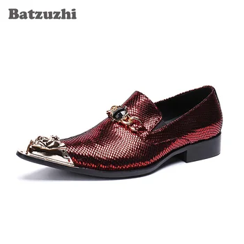  Batzuzhi İtalya Tipi erkek ayakkabısı Altın Demir Ayak Resmi Deri Elbise Ayakkabı Iş Erkek Şarap Kırmızı Parti ve Düğün Ayakkabı Erkekler için, 46