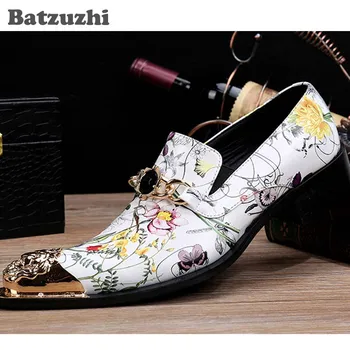  Batzuzhi İtalyan Tarzı El Yapımı Hakiki Deri Ayakkabı Erkekler Sivri Metal Ayak Beyaz Çiçek Baskı Deri Iş / parti ayakkabıları Erkekler