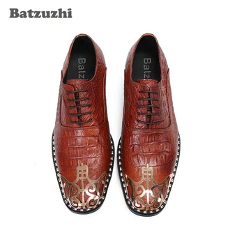  Batzuzhi İtalyan Tipi Moda erkek ayakkabıları Özel Metal Ayak Kahverengi / Siyah Deri Elbise Ayakkabı Erkekler Resmi Iş Zapatos Hombre