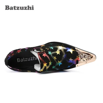  Batzuzhi Lüks erkek ayakkabısı Altın Metal Ucu Deri Elbise Ayakkabı Siyah Süet Renk Yıldız Kaya Parti ve düğün elbisesi Ayakkabı