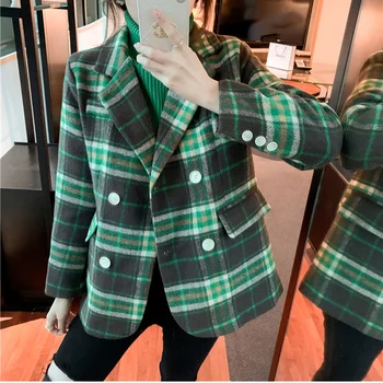  Bayan 2022 Moda Doku Kruvaze Yün Ekose Blazer Ceket Vintage Uzun Kollu Cepler Kadın Giyim Şık Ceket