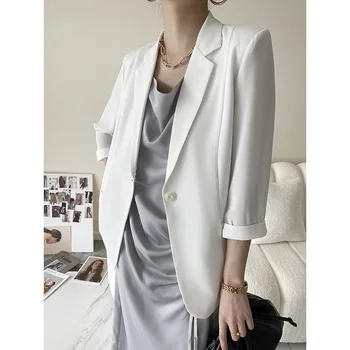  Beyaz Blazer Kadın Takım Elbise 2021 İlkbahar Yaz Dokuz Çeyrek Kollu İnce Ceket Eğlence Blazer