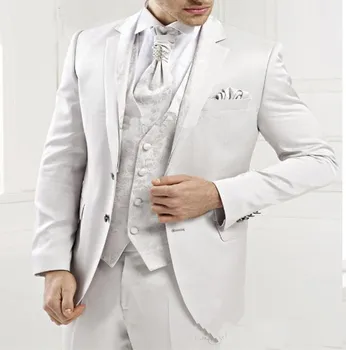  Beyaz Erkek Takım Elbise 3 Parça Çentikli Yaka Iki Düğme Ceket Damat Takım Elbise Smokin Erkek Erkekler Custom Made Blazer (Ceket + Pantolon + Yelek)