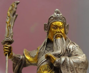  Bi002130 Çin Beyaz Bakır Gümüş Savaşçı Guan Gong Yu Buda Tutun Ejderha Kılıç Heykeli