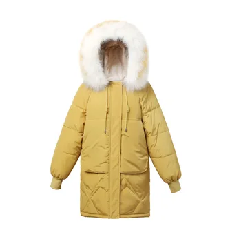  Boy Kış Ceket Kadınlar Orta Uzun Parka Büyük Kürk Yaka Kapşonlu Kadife Palto Artı Boyutu Sıcak Wadded Dış Giyim Kadın D190835
