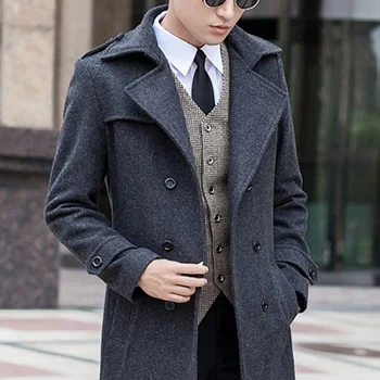  Boyutu Artı Erkekler Yün Ceket Yaka Kruvaze Çizgili Gri Ceketler Kore Tarzı Moda Iş Rahat Erkek Sonbahar Kış