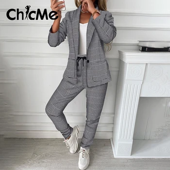  Chicme Kadın Ekose Baskı Blazer Ceket ve İpli Pantolon Seti 2 parça setleri Bayan Kıyafetler Toptan Öğeler Için Iş