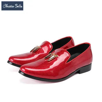  Christia Bella Moda İngiliz Tarzı Patent deri erkek ayakkabısı Kırmızı Parti Düğün Loafer'lar üzerinde Kayma Erkekler Elbise Ayakkabı Sigara Terlik