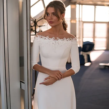  Dantel Sequins Illusion Kapalı Omuz Prenses Saten Gelinlik Custom Made Yarım Kollu Fermuar Basit 2021 Gelin Elbise