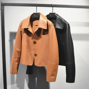  Deri ceket üst katman koyun derisi ceket kadın deri ceket kısa tarzı moda yeni stil moda ilkbahar ve sonbahar Qi Wei aynı