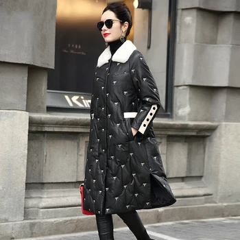  Deri Hakiki Ceket Kadın Aşağı Palto Nakış kışlık ceketler Doğal Vizon Kürk Yaka Koyun Derisi Ceket Kadın VH9555 s