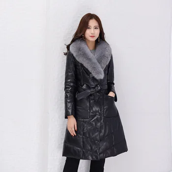  Deri Koyun Derisi Ceket Hakiki Gerçek Tilki Kürk Yaka Uzun Palto Kadın Deri Ceket Kadın Artı Boyutu Dış Giyim Palto LWL1062