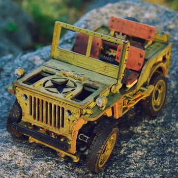  DIY 1:65 4WD Jeep Ahşap Stereo Monte Model Montaj Mekanik Oyuncak