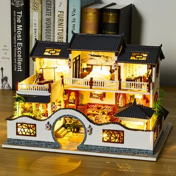  DIY Minyatür Kiti Ahşap Casa bebek evi Mobilya ışık ıle Çin Yazlık Villa Dollhouse Monte Oyuncaklar Kız Hediyeler ıçin