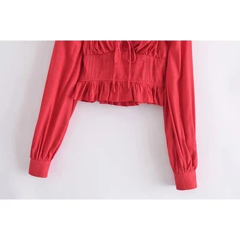  DUOPERİ Kadın Moda Kırmızı Katı Slim Fit Dantel Up Kırpılmış Tops Vintage V Yaka Uzun Kollu Kadın Tees Chic Kırpma Üst